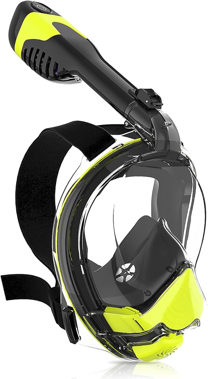 Yosmer Electric Full Face Snorkel Mask for Adults, Fan-Assisted Snorkeling Mask with Dry Top System, 180° Panoramic View, Anti-Fog Design, Foldable Travel Snorkel Gear
