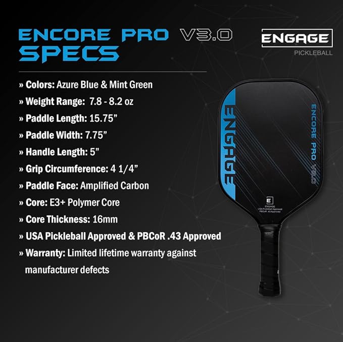 Engage Encore Pro V3.0 Pickleball Paddle | Raw Carbon Fiber & Polymer Core for All-Around Playability