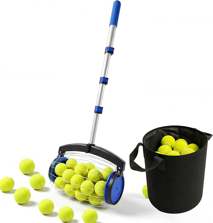 zozen Tennis Ball Picker with Storage Bag, No Bending Quick Pickup Roller, Adjustable Telescopic Handle, Holds Up to 28 Tennis Balls, Portable Collector for Tennis/Pickleball/Baseball/Lacrosse Ball