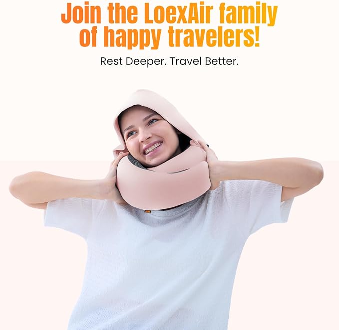 LOEXAIR™ Travel Pillow, Neck Pillow Travel for Airplane, Car - 100% Cotton Fabric & Memory Foam Plane Pillow, Lightweight & Easy-to-Carry on Flight, Full Travel Set (Eye Mask, Earplugs) - Sakura Pink