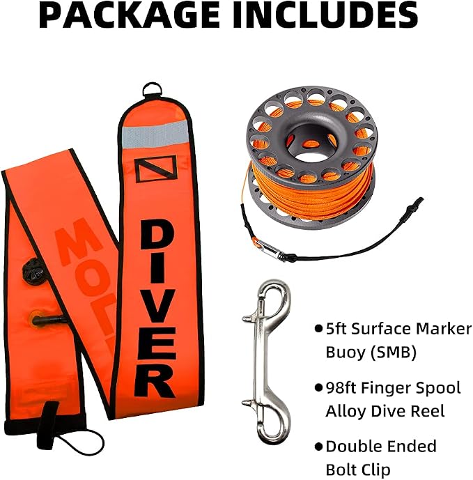 5ft Red Scuba Diving Open Bottom Surface Marker Buoy (SMB) with 98ft Finger Spool Alloy Dive Reel and Double Ended Bolt Clip - Gray