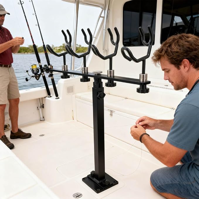 360 Degree Rotation & Adjustable Height Fishing Rod Holder with 4 Head, Marine Fishing Pole Rack with Mounting Plate, Multi-Functional Aluminum Fishing Rod Support for Wide Occasions