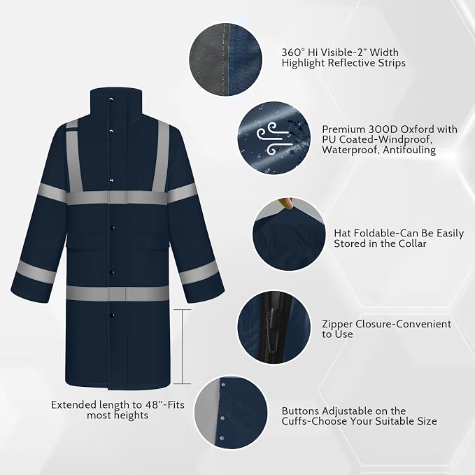TCCFCCT Rain Jacket Hi Vis Rain Suits Waterproof with Hood, Heavy Duty Long Rain Coats for Work, Safety Rain Gear for Hiking Camping Outdoor Activities, L Navy Blue