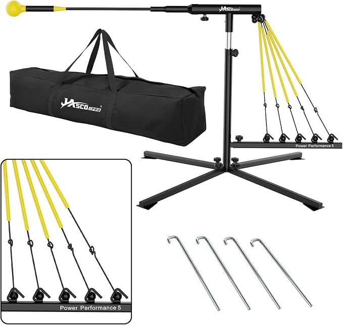 JASCOPRO Baseball Swing Trainer with 5 Power Bands,Height Adjustable 31-47 inches Baseball Hitting Trainer, Auto Reset Baseball Training Equipment Softball Swing Trainer with Metal Stakes & Carry Bag