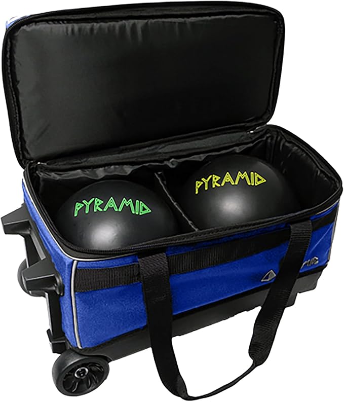 Pyramid Prime Double Roller 2 Ball Bowling Bag with Large Separate Compartment for Bowling Shoes (Up To US Mens Size 16) or Accessories, Locking Handle - Extends to 40"