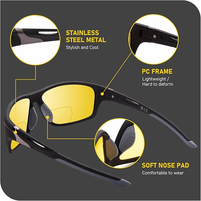 DEHOTRE 2 Pack Bifocal Reading Sunglasses Men Wrap Around Sports Sun Readers Outdoor Clear Top Soft Nose Pads PC Frame UV400