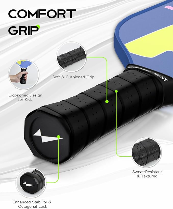 Warping Point Junior Pickleball Paddle – T700 Carbon Fiber Face, Lightweight Polymer Core, Designed for Kids 12 & Under and Teens 13+, Youth-Friendly Grip and Balanced Control