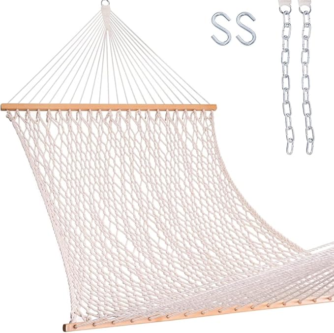 Lazy Daze Hammocks 12FT Double Rope Hammocks, 2 Person Hand Woven Cotton Hammock with Spreader Bar for Outside, Patio, Poolside, FIT 13-15 FT Stand, Max 450 Lbs, Natural, 141 x 57 inches
