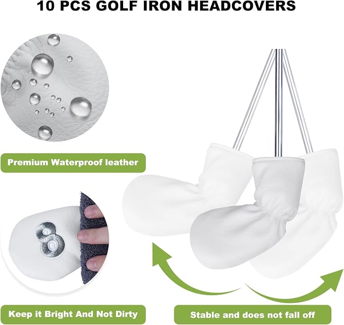 10 Pcs Iron Covers for Golf Clubs, Premium PU Leather Golf Iron Covers with Embroidered Big Numbers, Fits Most Iron Clubs and Hybrid Irons, Easy On and Off