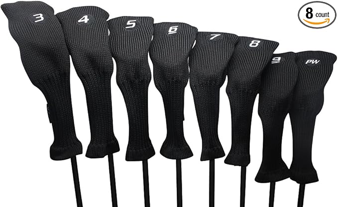 All Hybrid Head Cover Golf Club Black Sleek Tight Fit Headcover Set 3-PW Acrylic Head Covers 3 4 5 6 7 8 9 PW Easy to See Large White Embroidered Numbers