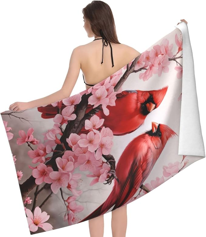 Cute Bird Beach Towel,32x52in,Quick-Dry Sand-Free Bath Towels,Microfiber Lightweight for Travel Pool Yoga Beach Outdoor Activities Decor Accessories Gifts (Red Cardinal Flower)