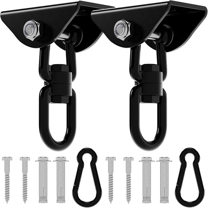 360°Rotating Hammock Hanging Kit, Heavy Duty 1200 lb Capacity Stainless Steel Hanging Swing Hooks, 2 Pack Swing Hanger for Yoga, Hammock Chair, Sandbag, Swing Sets(Black