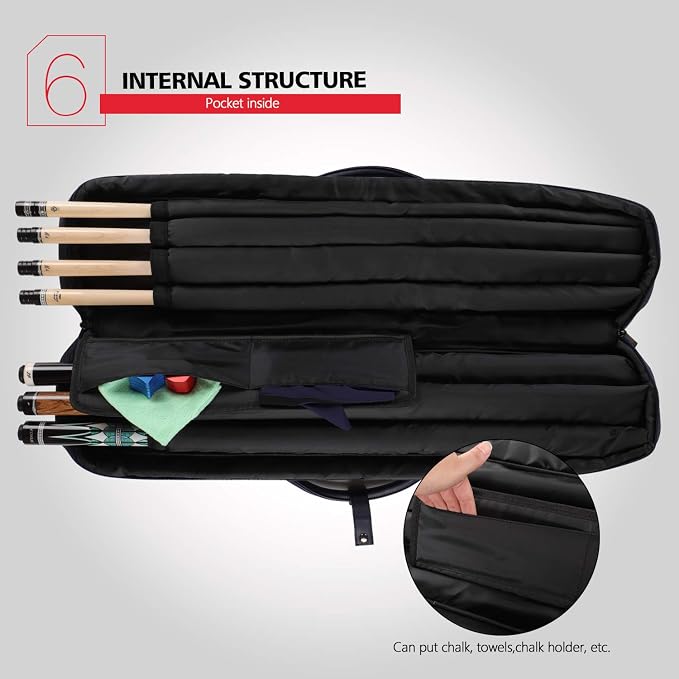 KONLLEN Pool Cue Case 3x4 Oxford Pool Stick Case Holds 3 Butts and 4 Shafts Billiard Sitck Large Capacity Carrying Cases with Multi-Pocket Pool Cue Accessories