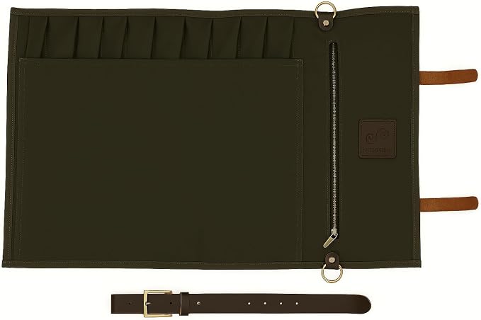 EVERPRIDE Stunning Waxed Canvas Roll Bag in Rich Dark Green w Genuine Leather Trim. Handsome Professional Chef Knife Roll Bag with upto 14" Knives and Storage Compartments A Super Gift