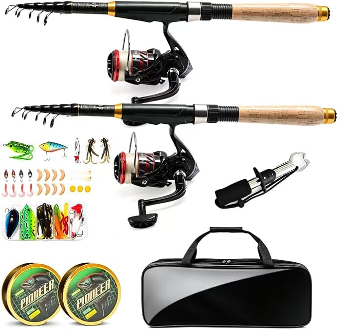 2PCS Telescopic Fishing Rod and Reel Combo, Collapsible Fishing Pole Set with Lip, Spinning Reel Line Lures Set with Carrier Bag, Saltwater Freshwater Fishing Gear for Adults