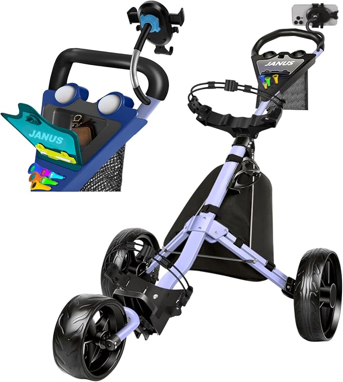 JANUS Pace Golf Push Cart with Integrated Gooseneck Viewing System, 3-Wheel Foldable Golf Cart with One-Click Folding System, EVA Wheels, Foot Brake, Cooler Bag & Golf Bag Support System