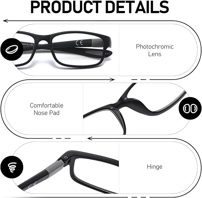 Sport Photochromic Reading Glasses Blue Light Computer Reader Designer Wide Cheater Large Head Tinted Eyeglass PT2040