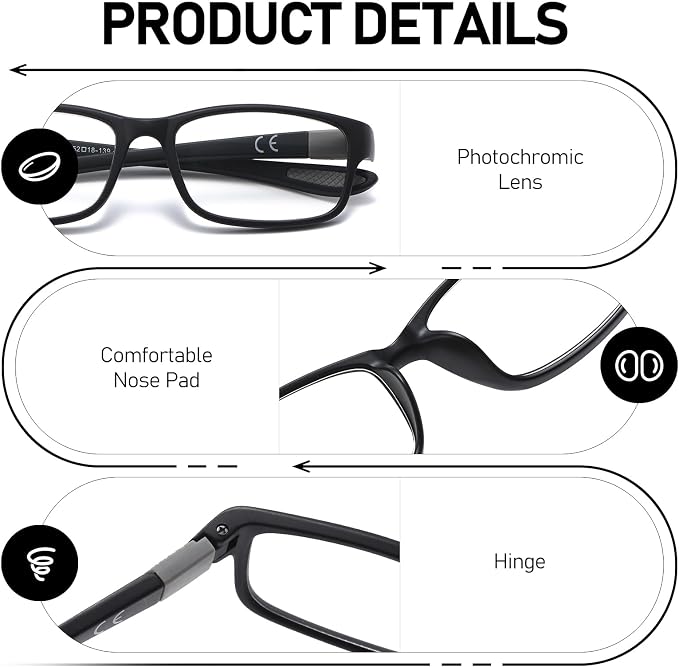 Sport Photochromic Reading Glasses Blue Light Computer Reader Designer Wide Cheater Large Head Tinted Eyeglass PT2040