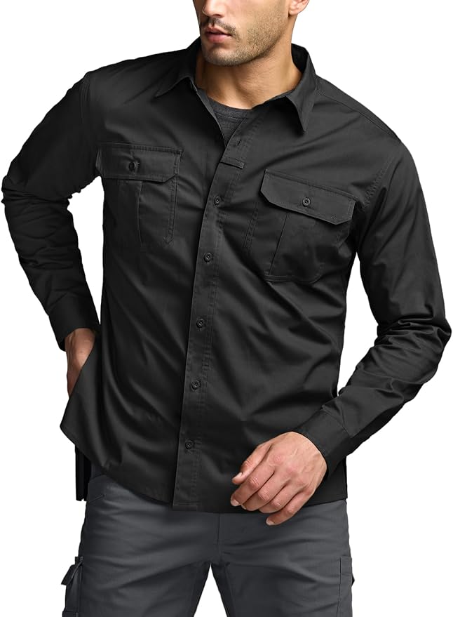 CQR Men's Long Sleeve Tactical Shirts, Ripstop Military Work Shirts, UPF 50+ Breathable Button Down Outdoor Hiking Shirt