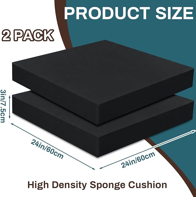 Frienda 2 Pack 3" X 24" X 24" Upholstery High Density Foam Cushion Replacement Square Cut to Size Foam Couch for Chair Couches Padding Shipping Packing DIY Cosplay Projects