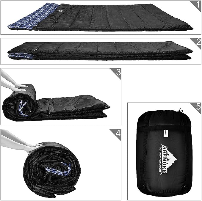 Cotton Flannel Double Sleeping Bag for Camping, Backpacking Or Hiking. Queen Size 2 Person Waterproof Sleeping Bag for Adults Or Teens. Lightweight with Compression Sack
