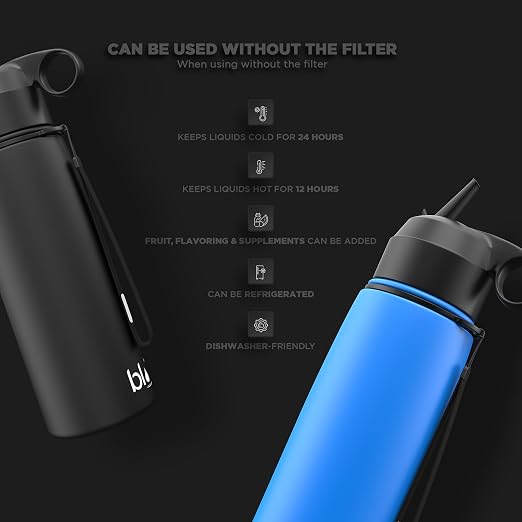 BLU All-in-ONE | Vacuum Insulated Stainless Steel Water Bottle Flask with a Filter (26oz) | Made in The USA | Removes 99.99% contaminants (Regular - Blue)