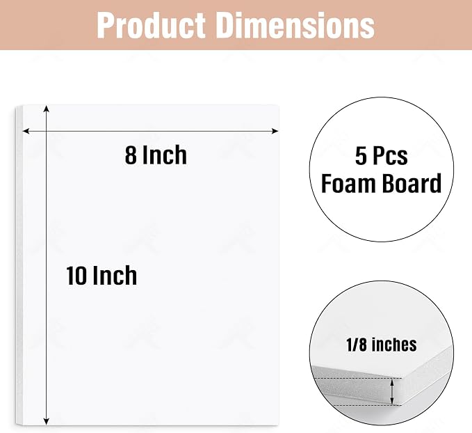 Golden State Art, Acid Free 5 Pack 8x10 White Foam Boards Foam Core Poster Board, 1/8'' Thick Polystyrene Foam Sheet for Projects, Mounting, Crafts, Art and Presentations