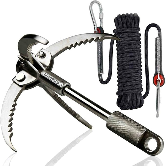 Grappling Hook and Rope 10M (32ft) - Multifunctional Heavy Duty Survival Hook - 4 Stainless Steel Folding Claws - Survival Gear - Outdoors Camping Hiking