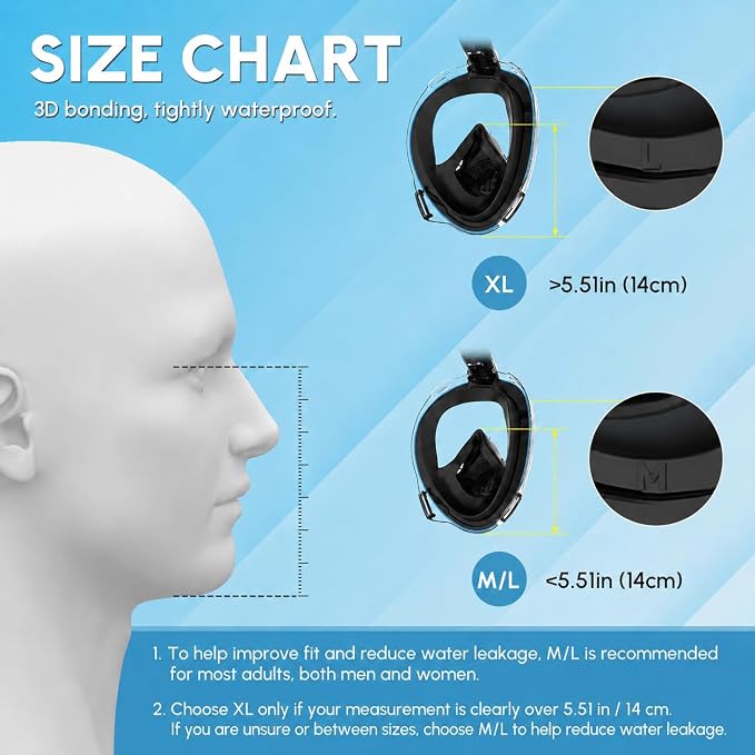 Yosmer Electric Full Face Snorkel Mask for Adults, Fan-Assisted Snorkeling Mask with Dry Top System, 180° Panoramic View, Anti-Fog Design, Foldable Travel Snorkel Gear