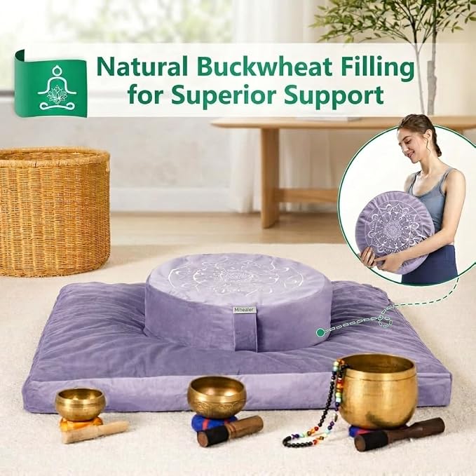 Hihealer Meditation Cushion, Traditional Tibetan Meditation Pillow Velvet Cover - Large Floor Cushion Seating for Adults - Yoga Buckwheat Bolster for Women、Moms