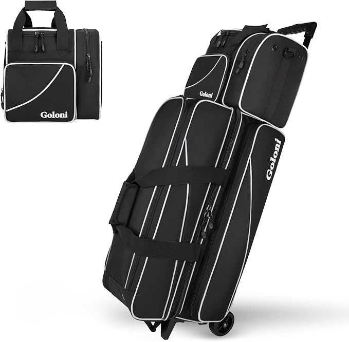 Goloni 3 Ball Bowling Bag with Wheels, Rolling Bowling Roller Bag with Retractable Handle for Balls & Bowling Accessories