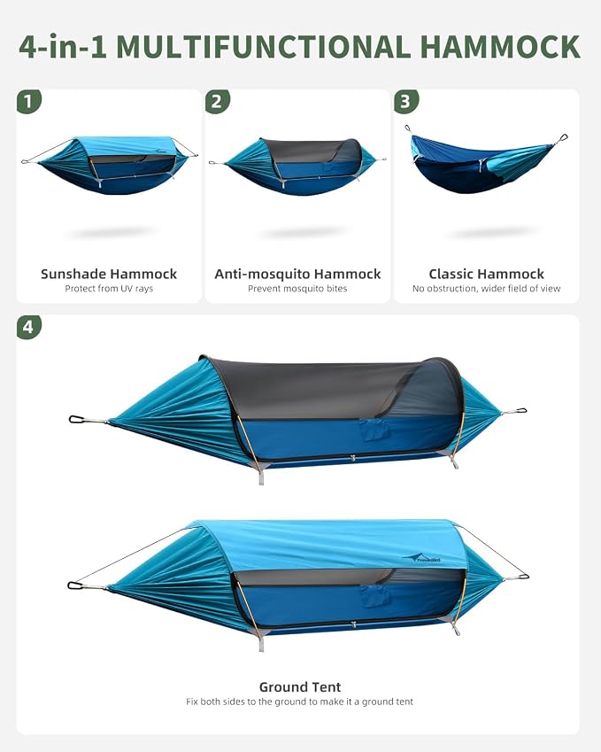 Camping Hammock Tent with Mosquito Net and Removable Sunshade, 4 in 1 Function, Lightweight Hanging Hammocks Tree Straps Swing, Bivvy Ground Tent for Outside, Hiking, and Travel