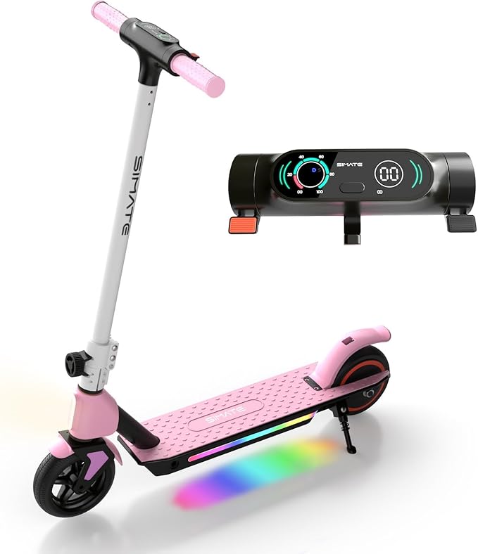 SIMATE Electric Scooter for Kids 6-14, Colorful Lights & Double Brake System, Aluminum Alloy Frame, Foldable, LED Display, for Boys Girls