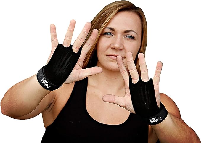Bear KompleX 2 Hole Leather Hand Grips for Workouts, Pull-ups, Weightlifting, WOD Gymnastics, Crosstraining Palm Grips with Wrist Wraps, Hand Protection from Rips and Blisters,1 Pair