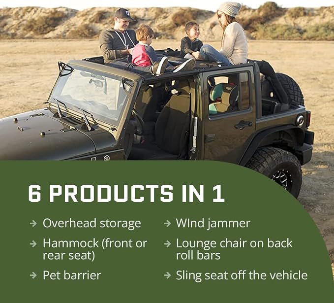 Jammock Heavy Duty Hammock for Wrangler & Bronco - Roof Cargo Net Rated for 350 pounds, Windjammer & Hammock Accessory Compatible with Jeep Wranglers, Gladiators, & Ford Broncos