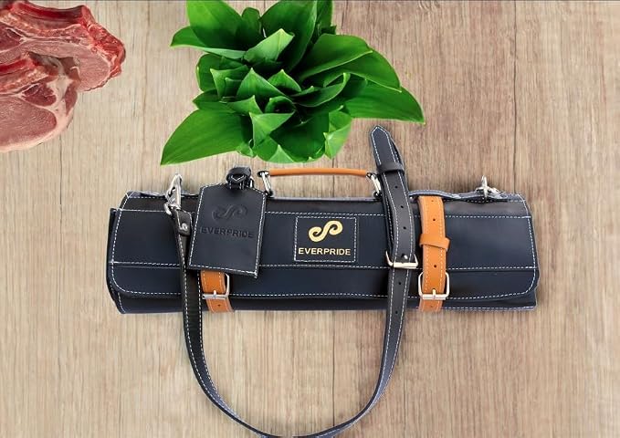 EVERPRIDE Premium Black Leather with Stunning Tawny Wheat Trim, Professional Chef Knife Roll and Bag for Knives, Sturdy Construction Chef Bag, Easy Carry Luxury Knife Case