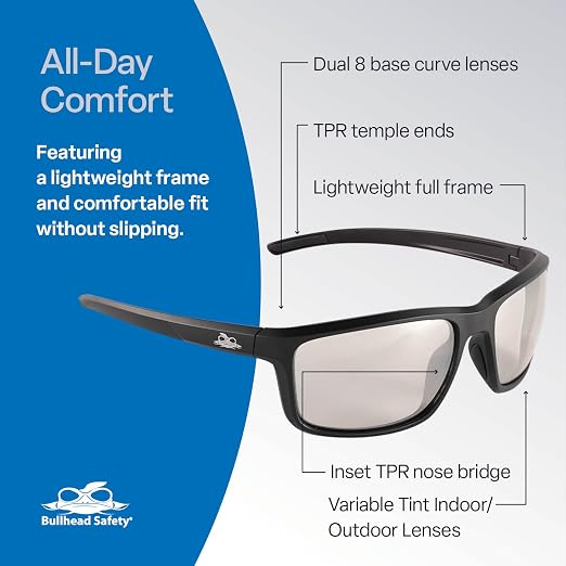 Bullhead Safety Eyewear Pompano Glasses – Anti-Fog, Lightweight, Scratch Resistant, UV Light Blocking Sunglasses for Driving, Golf, Boating, Outdoor Work, Indoor/Outdoor Lens