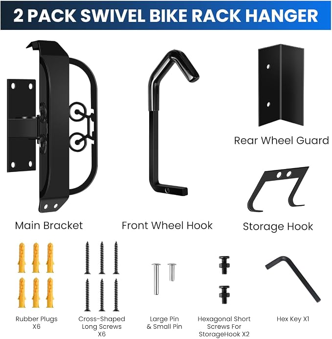 Swivel Bike Wall Mount, 2 PACK Heavy Duty Bike Rack for Garage Storage, Space-Saving Vertical Bicycle Hanger Holds 66 lbs, Adjustable Rotation, Anti-Rust, for Cyclists Homeowners Families