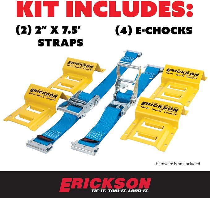Erickson Wheel Chock Tie-Down Kit, 2 in x 7.5 ft, Double Slotted E-Fitting, Fits 10 in-30 in Tires, 1500 lb Ratchet Straps - Secures ATV, UTV, SxS, Mower & More
