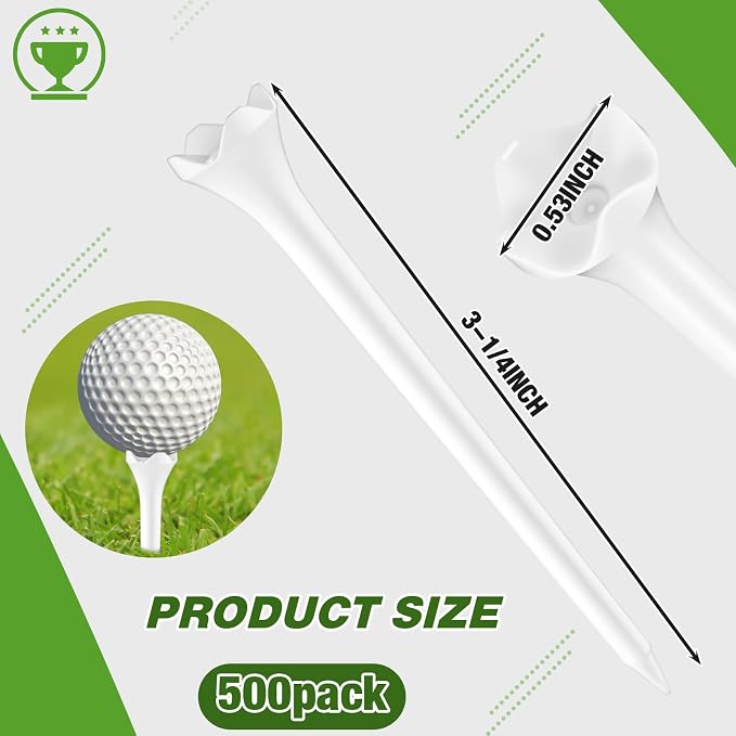 Soulchen 500 Pack 3-1/4 Inch Plastic Golf Tees - 4-Prong Curved Design for Longer Drives Low Spin & Low Friction Tees Bulk with Optimized Shaft Strength & Flexibility for Driving Range