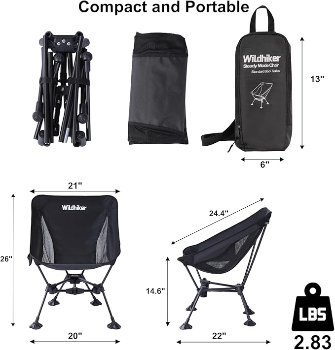 Wildhiker Ultralight Backpacking Chair – Compact Camping Chairs for Adults with Pouch, Weighs 2.8 lbs with Anti-Sinking Large Feet for Beach, Hiking, Motorcycle, Travel, Festival – Black