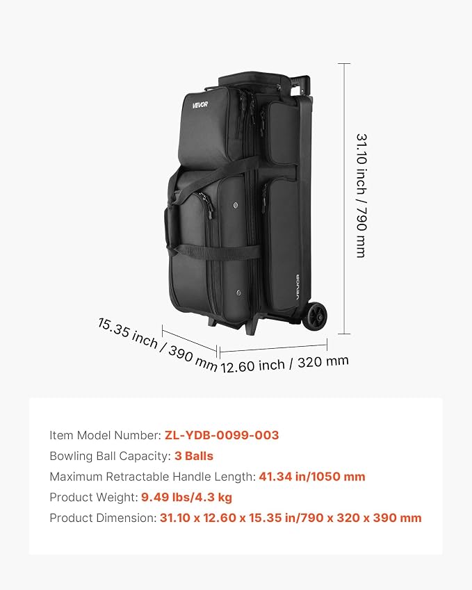 VEVOR Bowling Ball Bag, 3 Ball Double Roller Bowling Bag with Wheels, Featuring a Separate Compartment for Shoes (Up To US Size 16) & Oversized Accessory Pocket, Retractable Handle Extends to 41.34 in