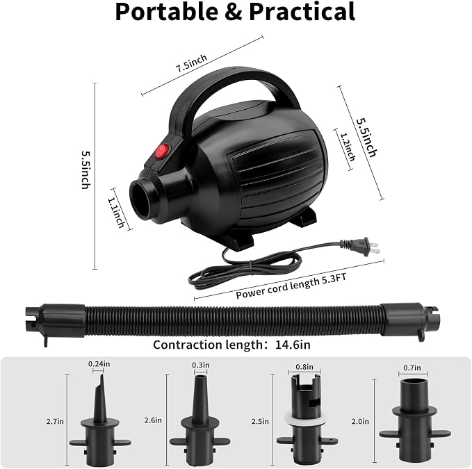 Electric Air Pump for Inflatables, 600W High Power Quick-Fill Air Pump with 4 Nozzles, Inflator & Deflator Pumps for Air Mattress Air Beds/Pool Toys/Pool Floats/Gymnastics Track Mats, AC 110-120V