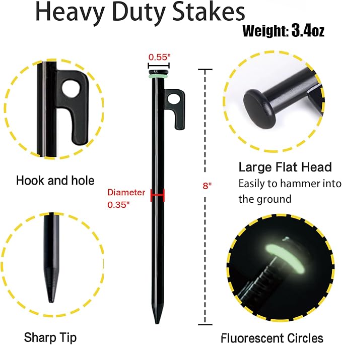 16 Pack Tent Stakes with Hammer, 8in Heavy Duty Tent Stakes + 10in Camping Hammer+Storage Pouch, Forged Steel Stake for Camping Used on Rocks(16Pcs 8in Tent Stake and Hammer)