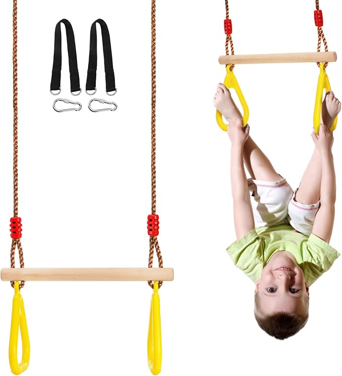 Covzoe Trapeze Bar, 16" Adjustable Height Wooden Swing Set, Trapeze Climbing Bar Assembly with Rings, Gym Hanging Accessories Playground Attachments