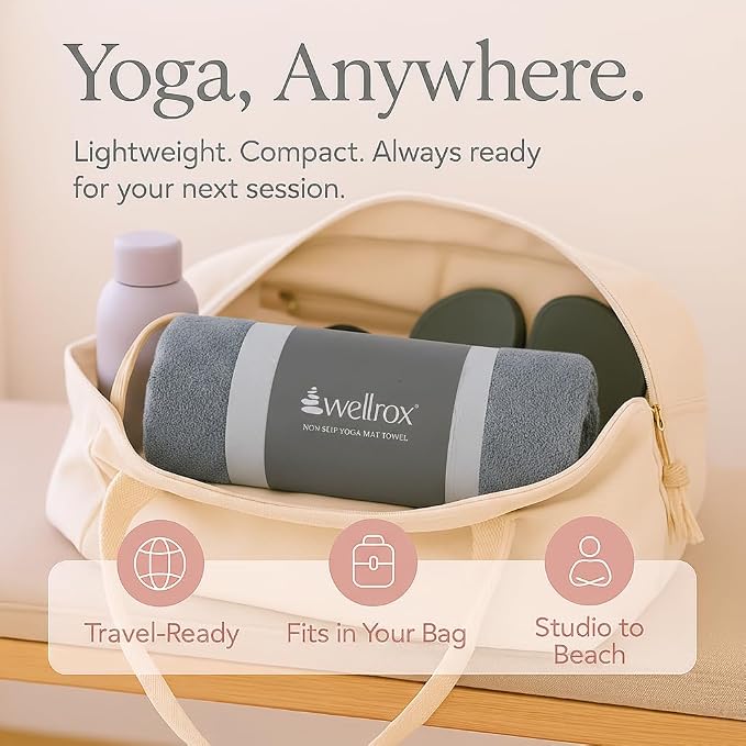 Wellrox Microfiber Yoga Mat Towel with Grip – Ultra Absorbent, Super Soft, and Quick Dry Hot Yoga Towel Non Slip for Pilates, Bikram, and Fitness Workouts (74” x 26”, Grey)