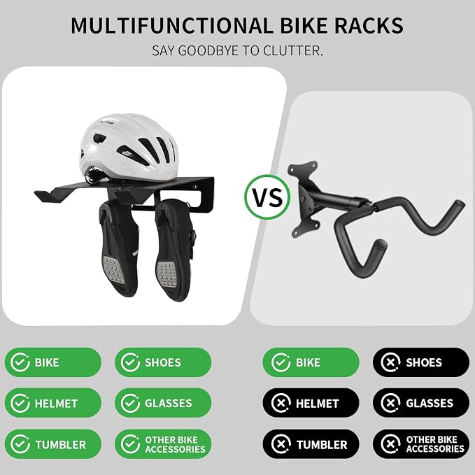 Bike Wall Mount Rack Indoor Bike Storage Garage Bike Rack Wall Mount with Shelf and Hooks Store Your Helmet and Shoes Heavy-Duty Adjustable Bike Hanger for a Single Road, Mountain Bicycle