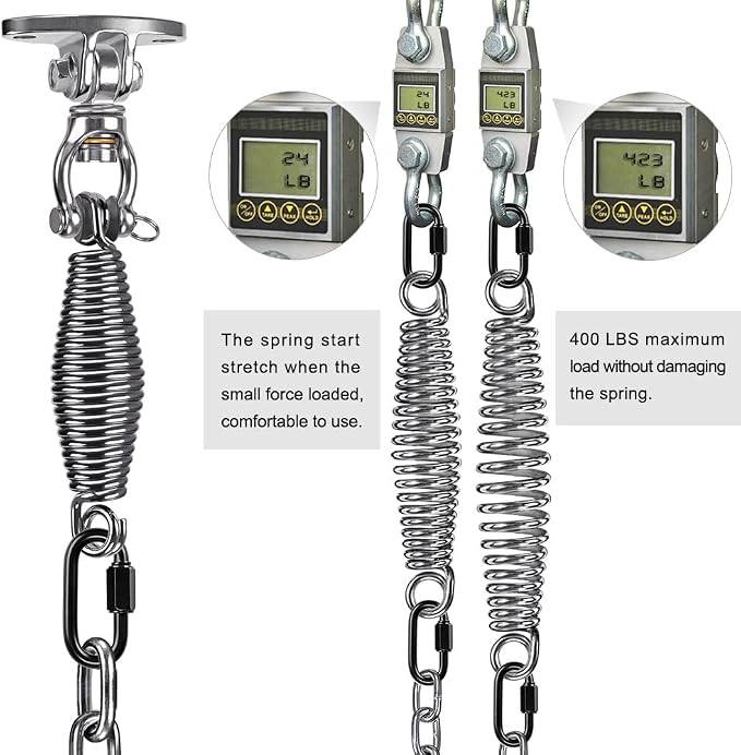 SELEWARE Hammock Chair Hanging Kit, Stainless Steel Bearing Swing Hanger with Heavy Duty Spring and Chain, Ceiling Mount for Hanging Indoor Outdoor Swing, Hammock Chair, Heavy Punching Bags