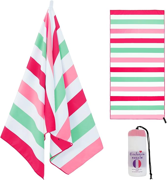 Exclusivo Mezcla Microfiber Quick Dry Beach Towel, Oversized Lightweight Sandfree Pool Towel for Swimming Camping Travel with Bag (Stripe Pink, 35x70 Inches)