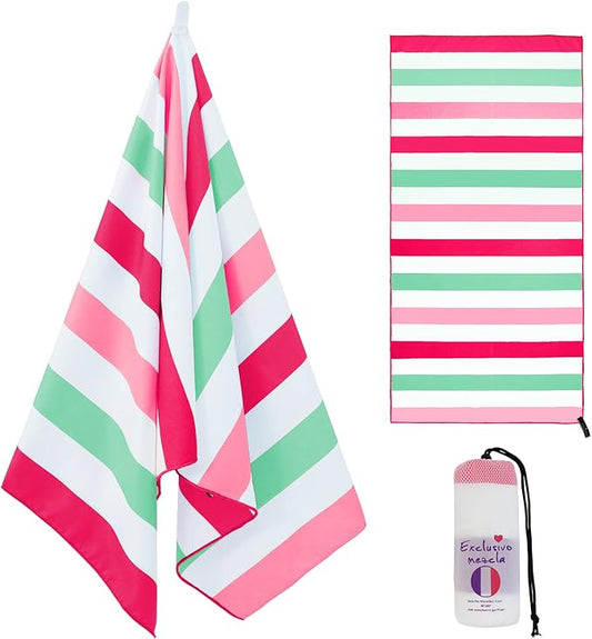 Exclusivo Mezcla Microfiber Quick Dry Beach Towel, Oversized Lightweight Sandfree Pool Towel for Swimming Camping Travel with Bag (Stripe Pink, 35x70 Inches)